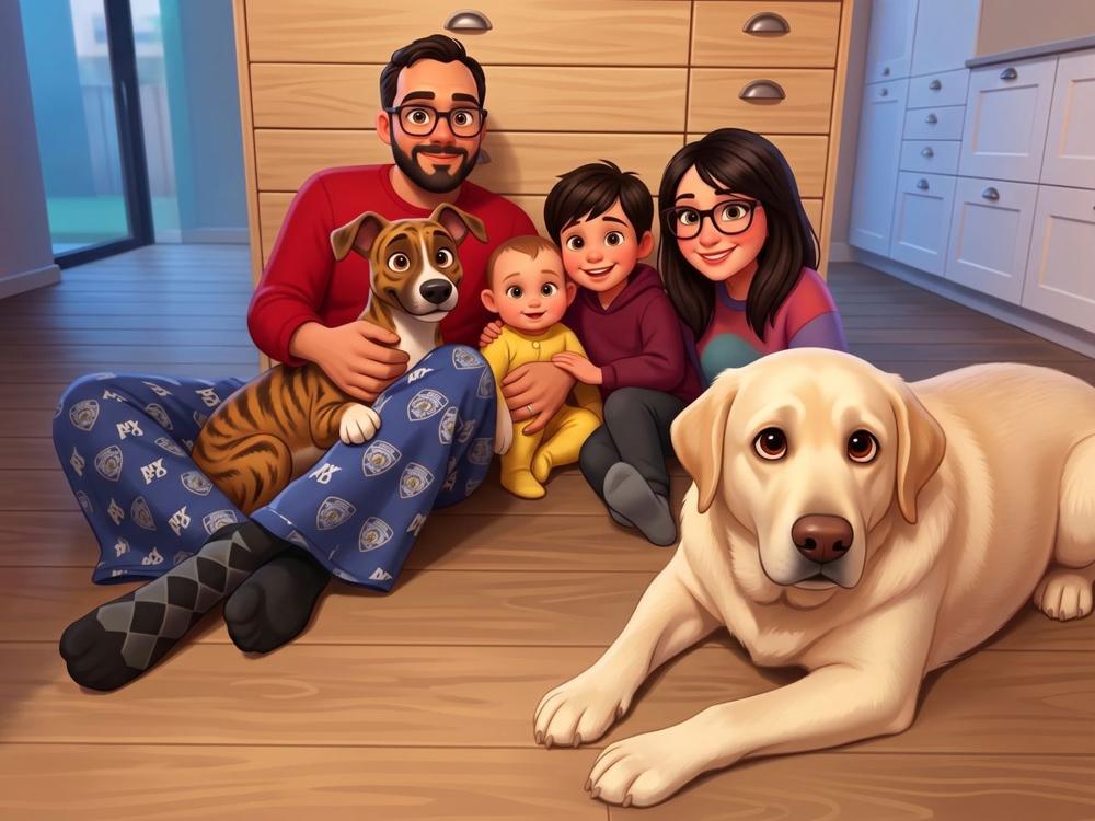 Ritratto illustrato di Davide Bergamaschi con la sua famiglia e i due cani di casa